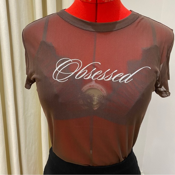 Short Dark Brown T-Shirt by H&M, Mesh, Motif, Women’s (US M) - Picture 8 of 9